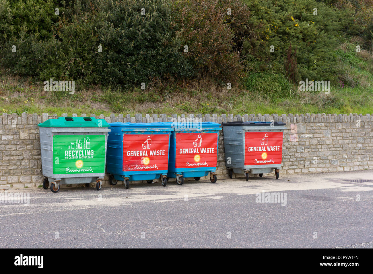 Recycling & general waste bins on Bournemouth promenade, Dorset, UK Stock Photo