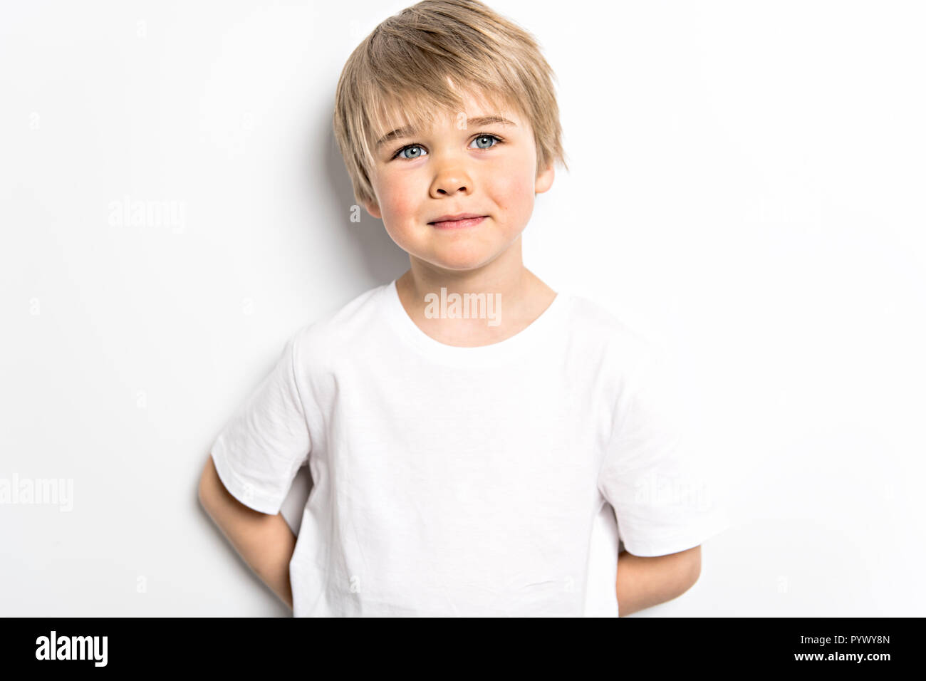 cute five year old boy studio portrait on white background Stock Photo Alamy