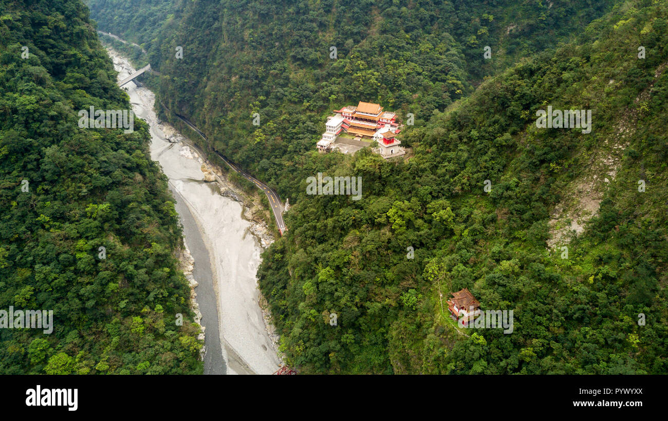 Aerial shot of Eternal spring shrine at the Taroko national park, Taiwan Stock Photo