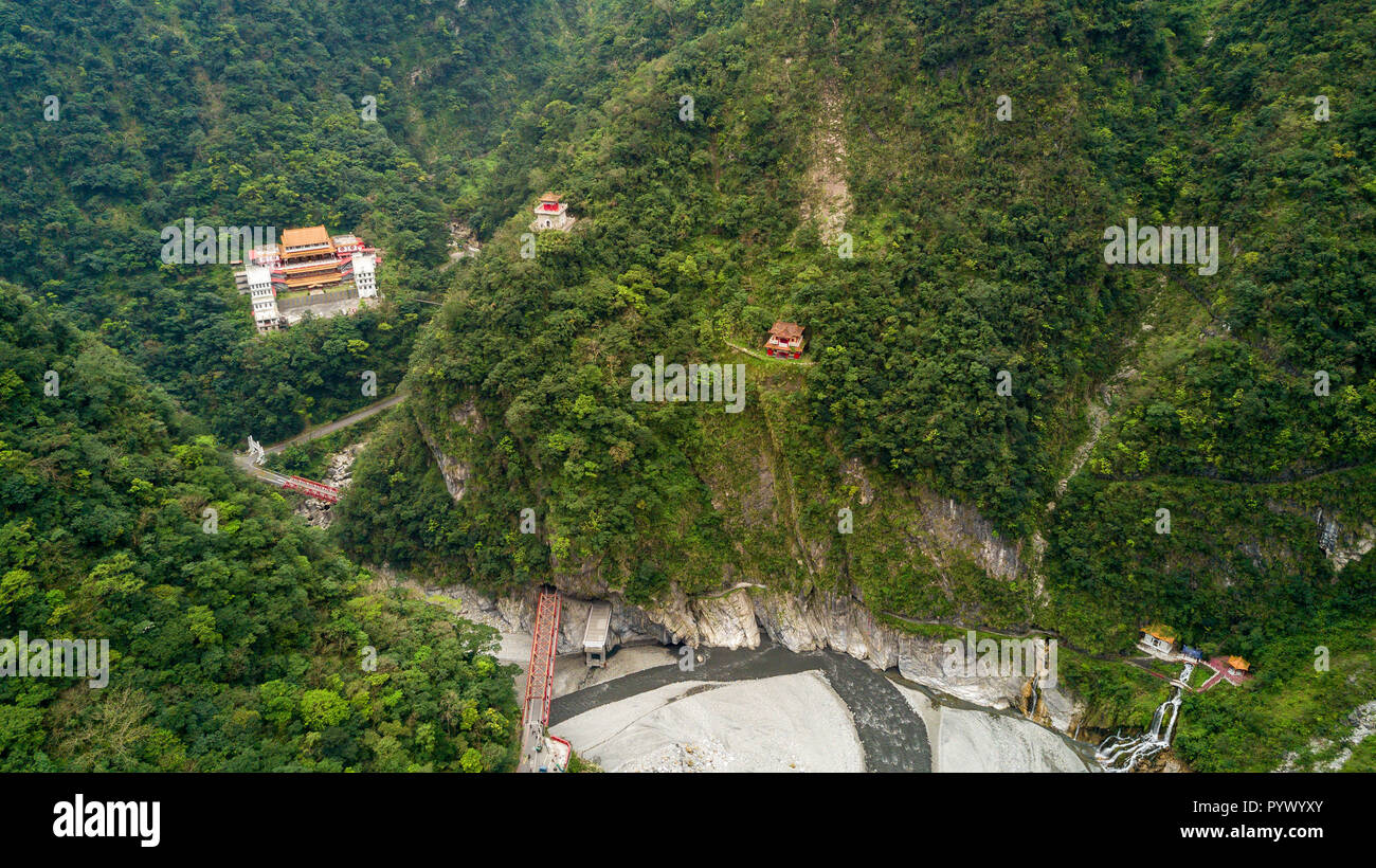 Aerial shot of Eternal spring shrine at the Taroko national park, Taiwan Stock Photo