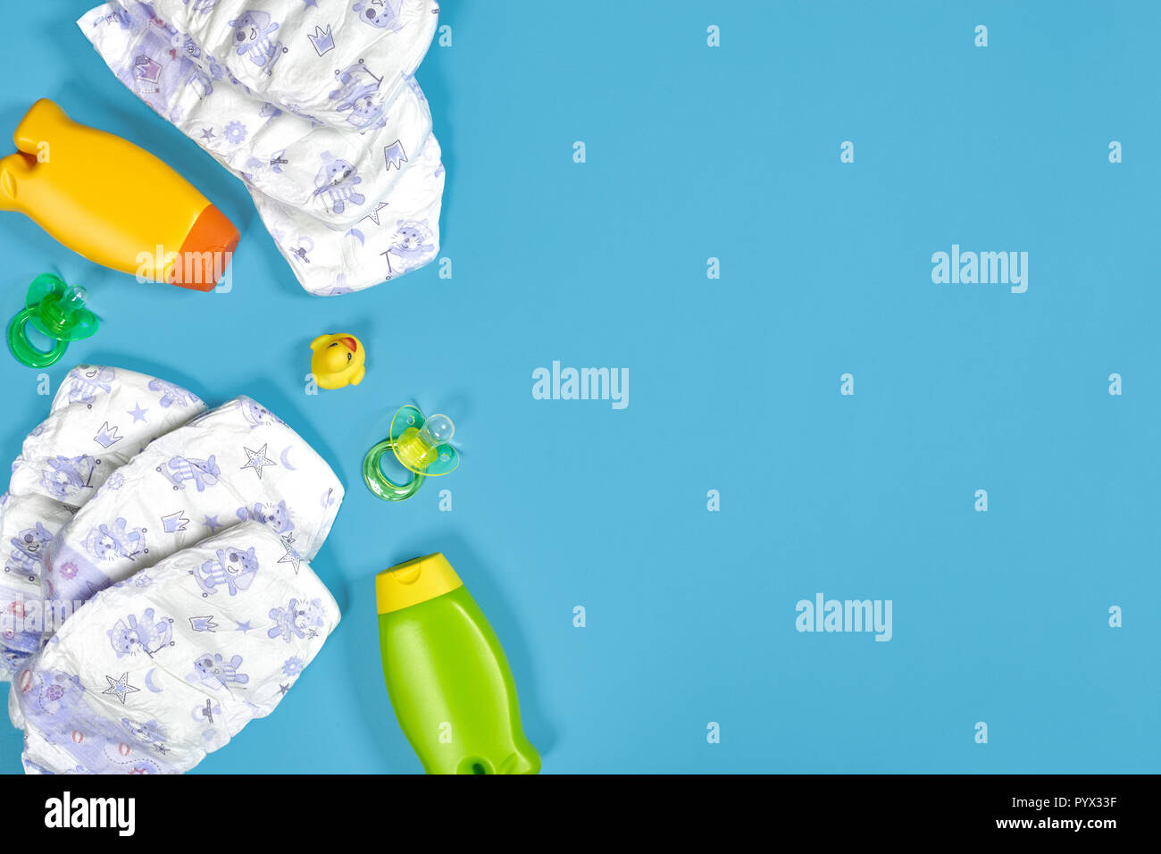 Download Baby Care With Bath Set Nipple Toy Diapers Shampoo On Blue Background Top View Mockup Stock Photo Alamy