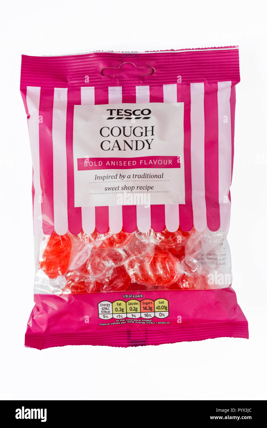Packet of Tesco Cough Candy bold aniseed flavour sweets inspired by a traditional sweet shop recipe isolated on white background Stock Photo