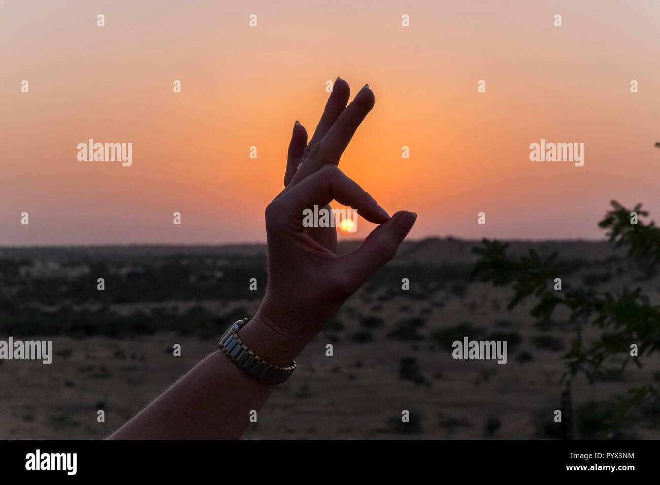 Hand making OK gesture in front of setting sun Stock Photo