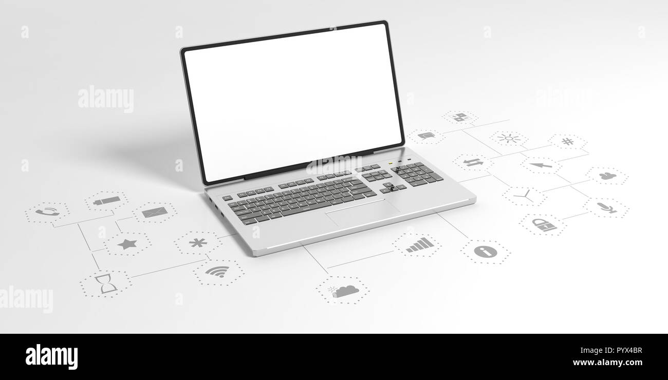 Laptop with blank screen on white background with app icons, copy space. 3d illustration Stock Photo