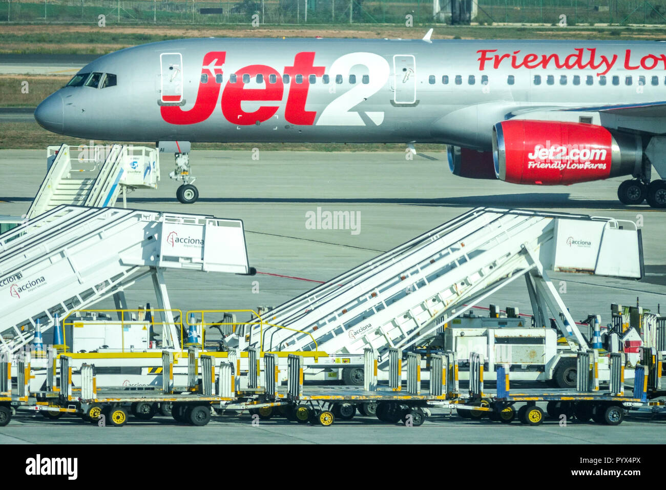Jet2 aircraft and airport stairways on tarmac , Palma de Mallorca Stock Photo