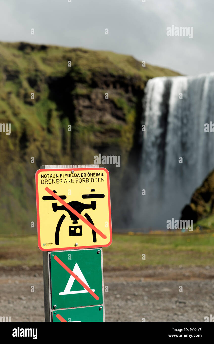 A no drone flying sign at a popular tourist destination in Iceland. Stock Photo