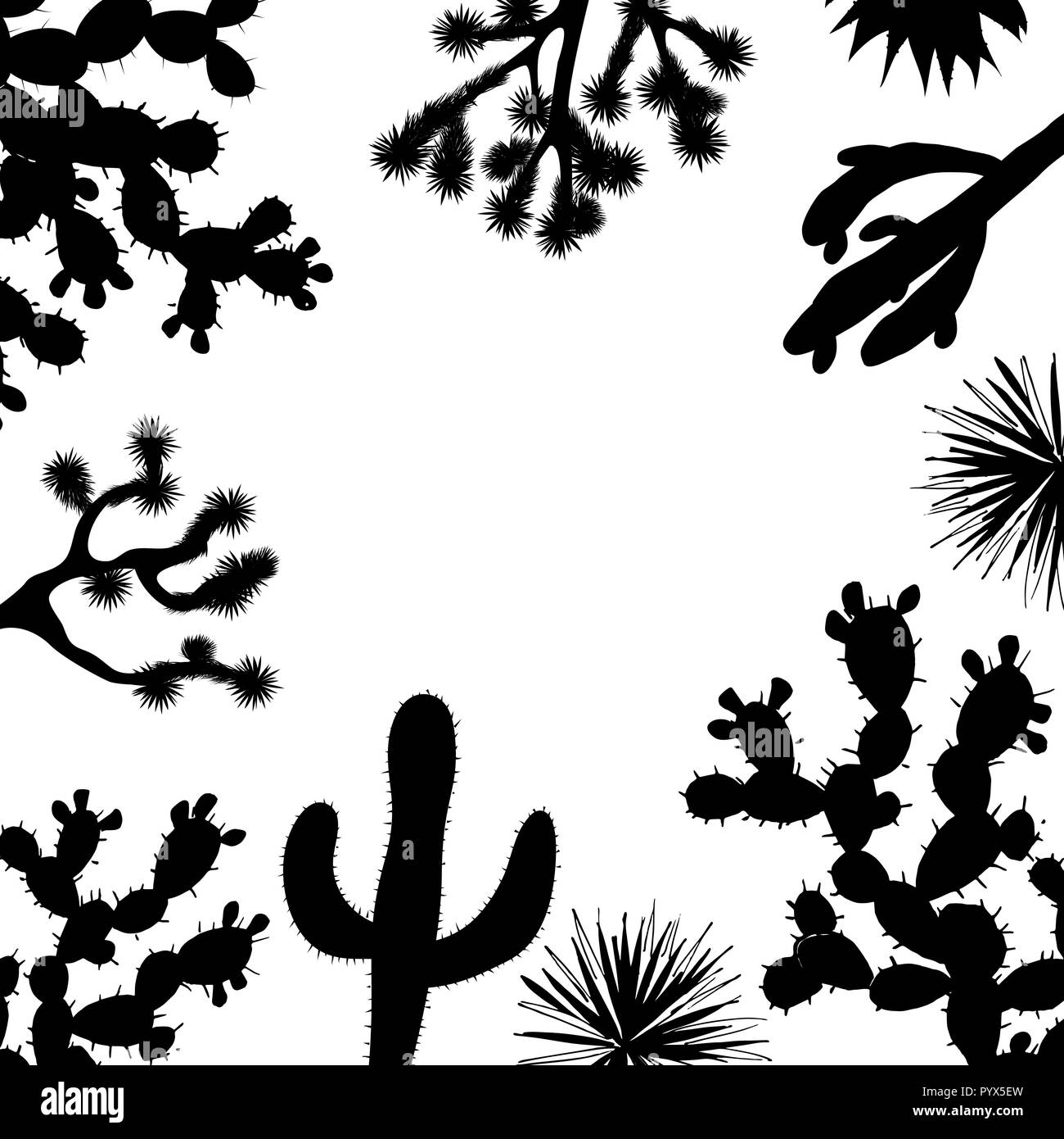 Exotic wildflower cactus frame. Saguaro, prickly pear, and joshua tree banner Stock Vector