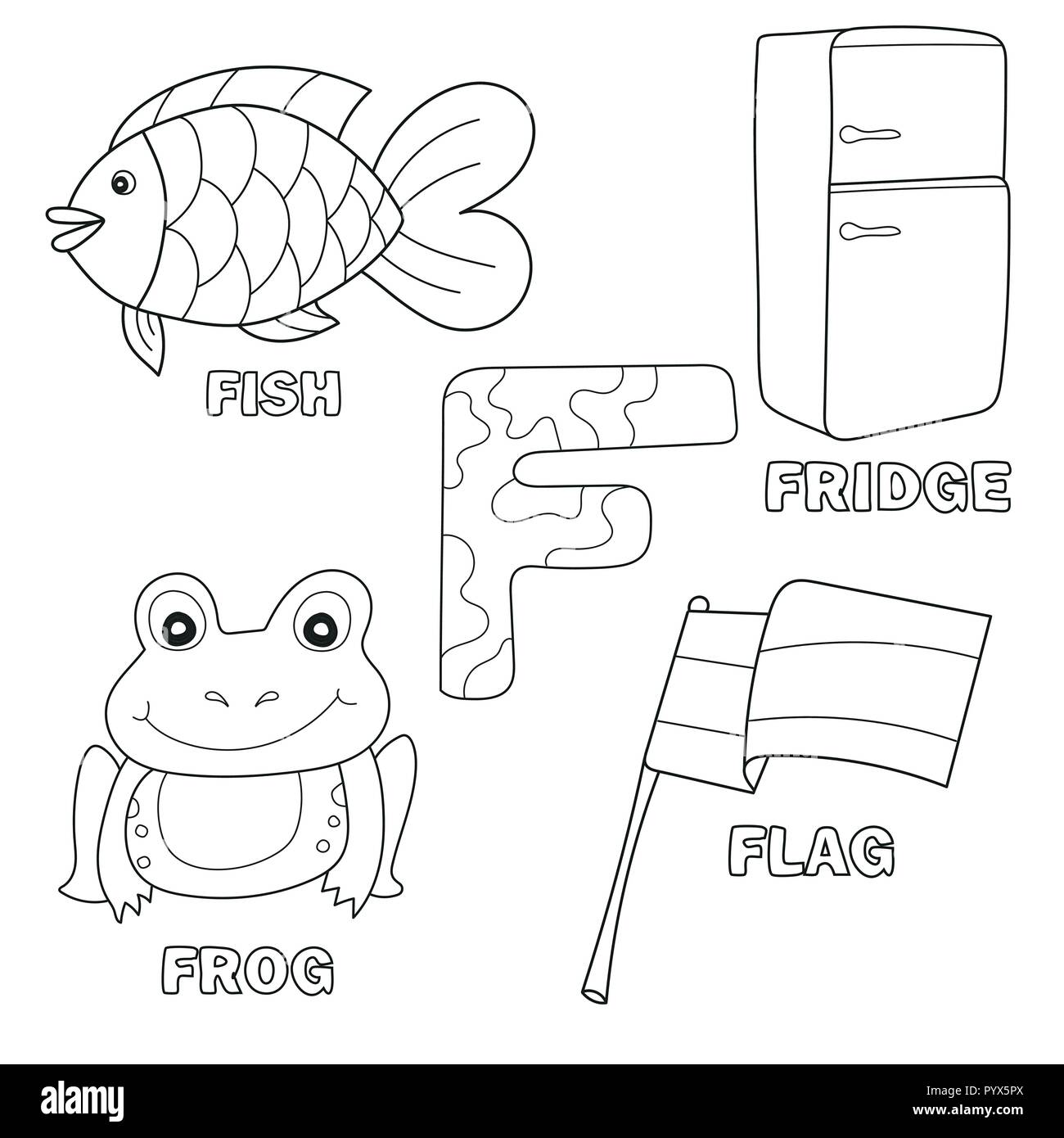 Alphabet F With Cartoon Vocabulary For Coloring Book Illustration Vector Stock Vector Image Art Alamy