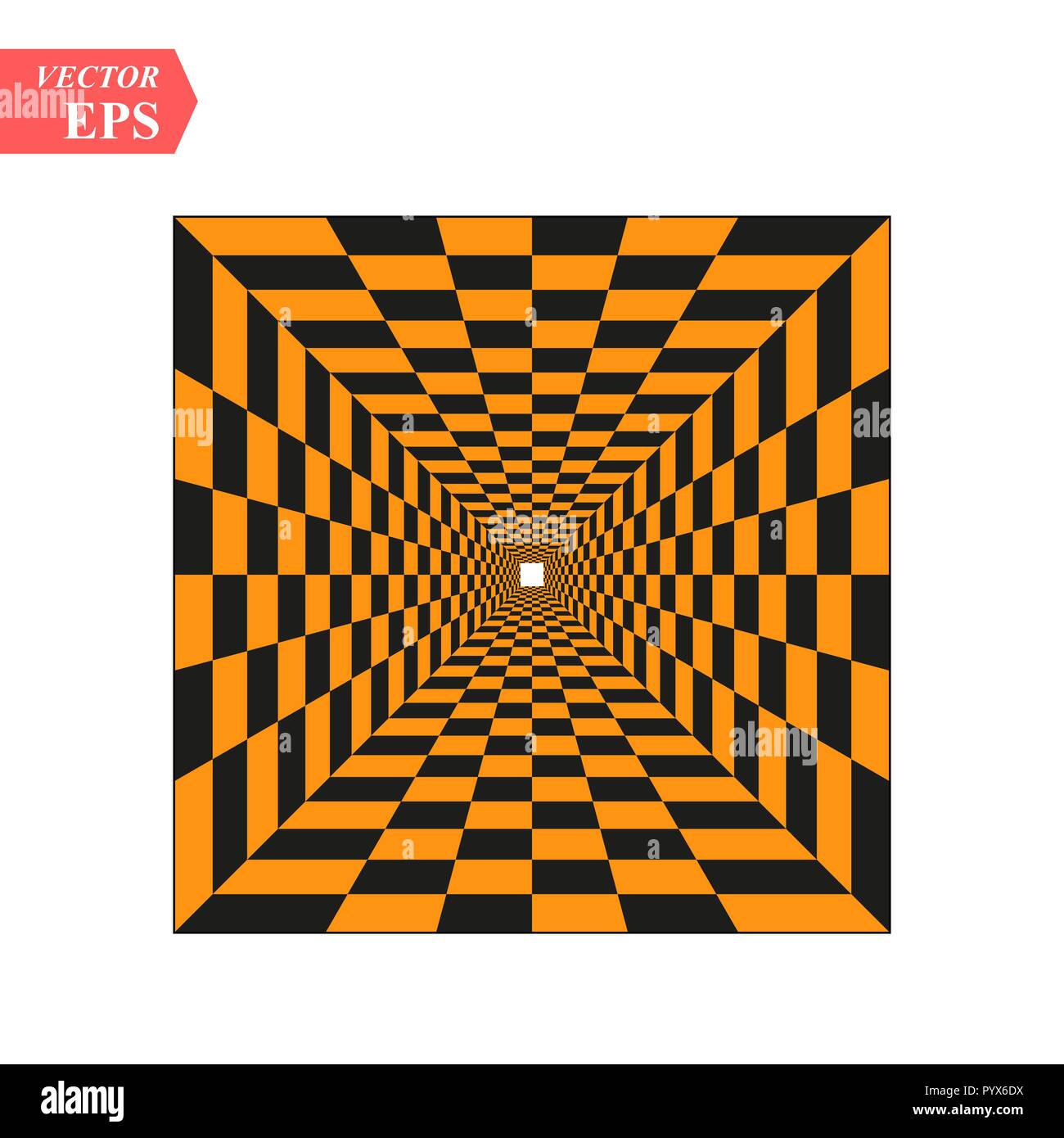 A black and orange relief tunnel. Optical illusion. Vector illustration. Black and orange