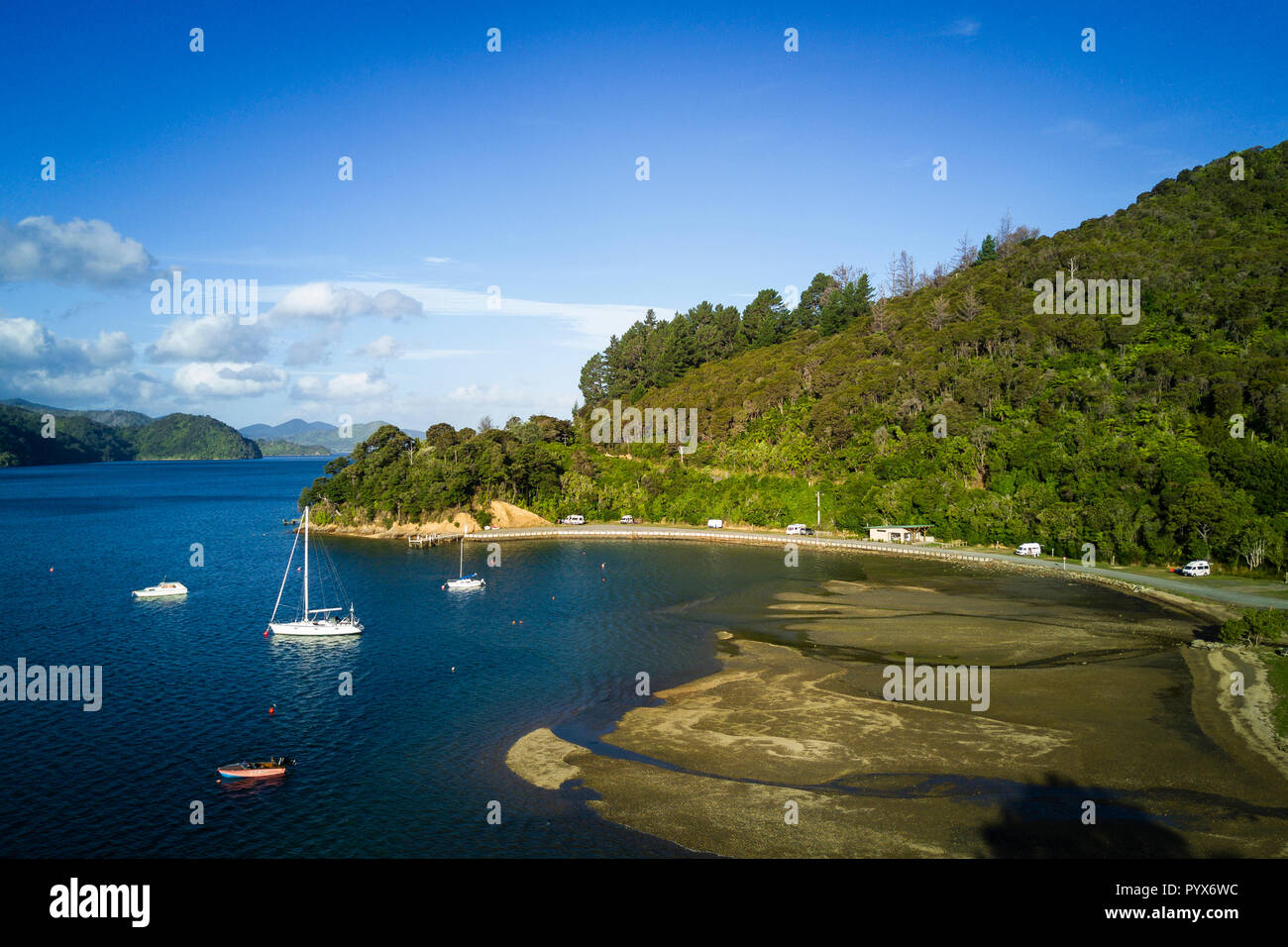 Arial view of Momorangi Bay and sailboats in New Zealand Stock Photo