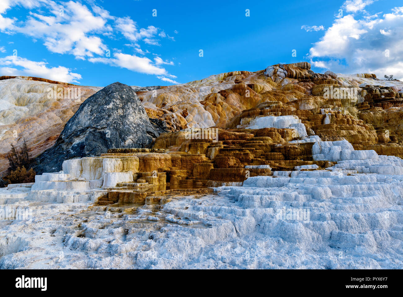 Terrace Mountain, Limestone and Rock Formations at Mammoth Hot Springs in Yellowstone National Park, Wyoming, USA Stock Photo