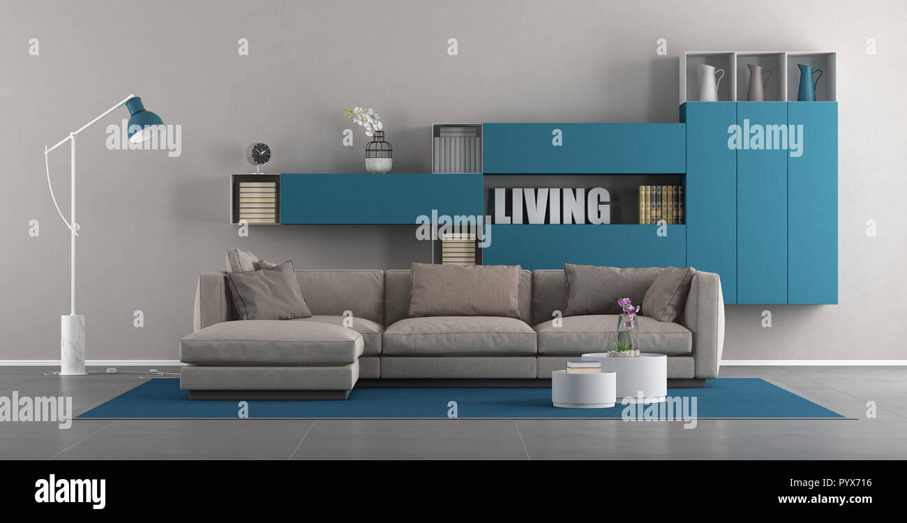 Modern living room with sofa and blue bookcase - 3d rendering Stock ...