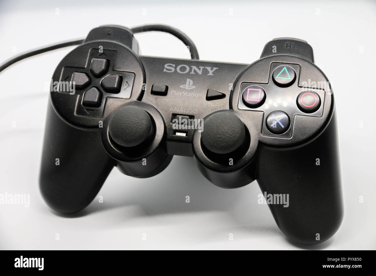 Close look of a black Sony Playstation 2 joystick with shock function Stock  Photo - Alamy