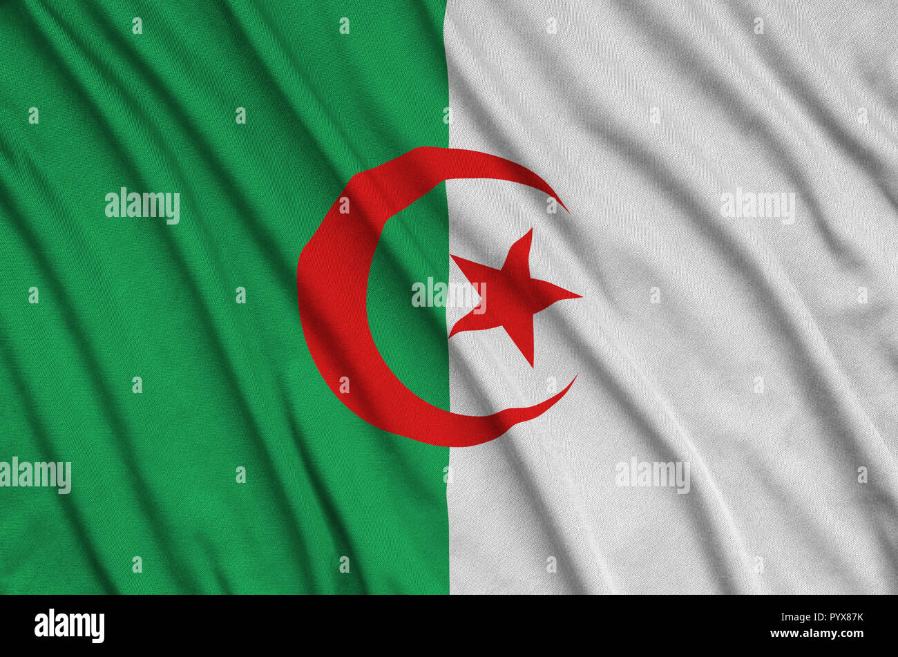 Algeria country flag on wavy silk fabric background 3585749 Stock