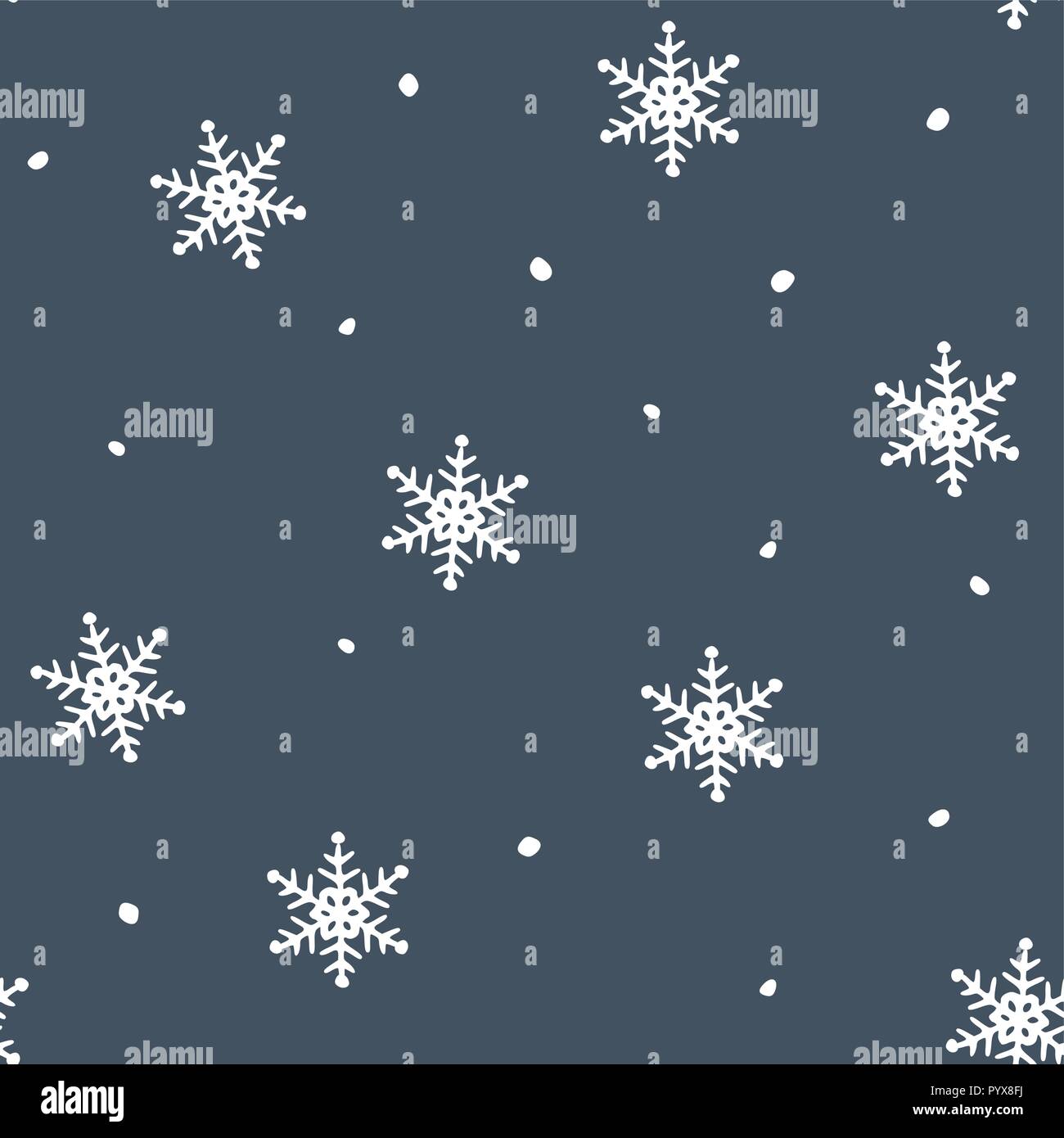 Simple blue festive seamless pattern with hand drawn white snowflakes