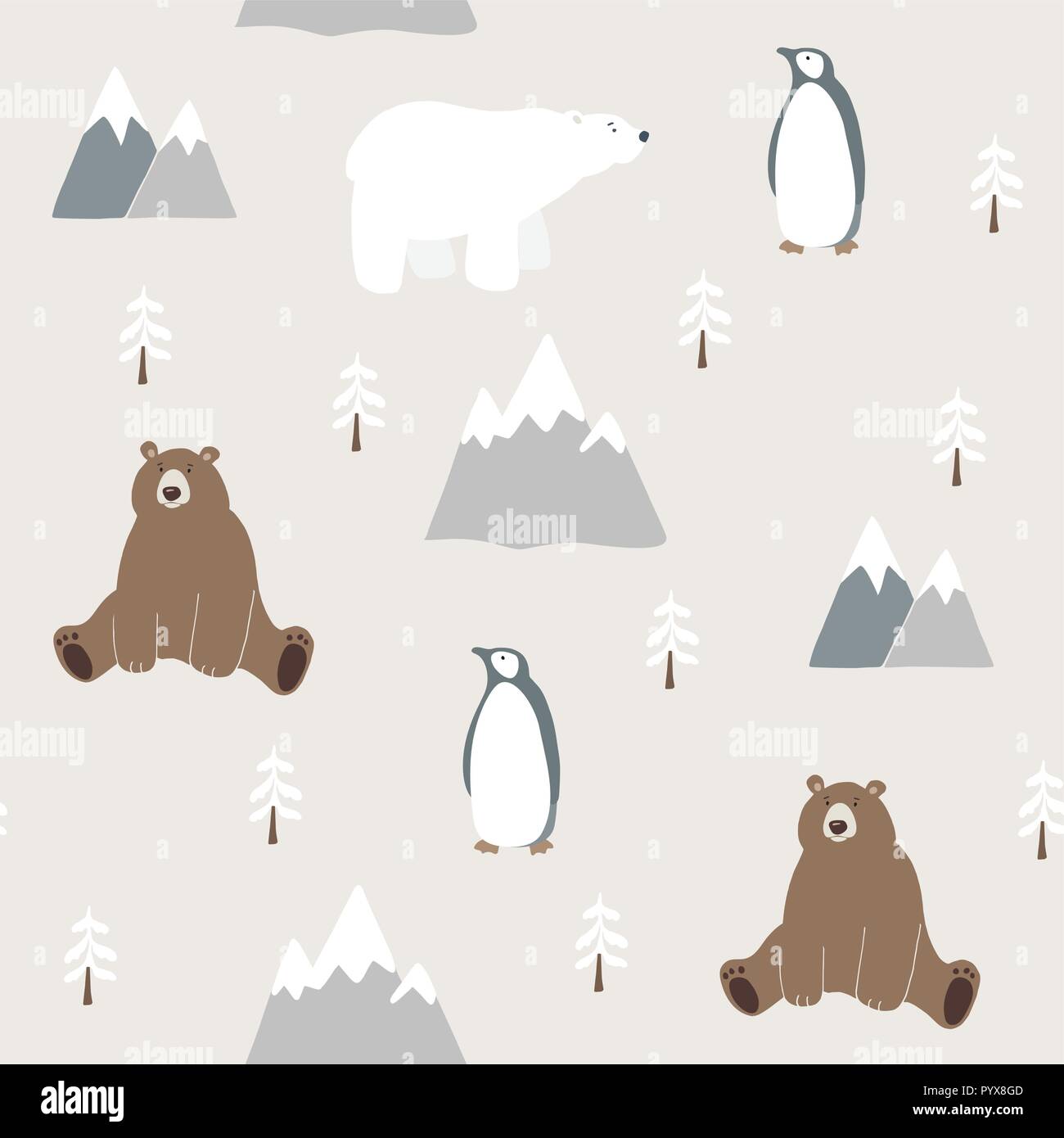 Cute festive Christmas seamless pattern with bear, polar bear, penguin, fir trees and mountains. Hand drawn kids nordic design. Winter vector illustration background. Stock Vector