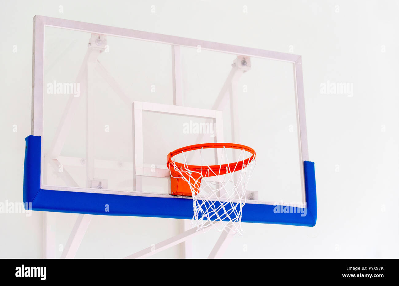 Basketball hoop cage, isolated large backboard closeup, new outdoor court set, blue, red, orange