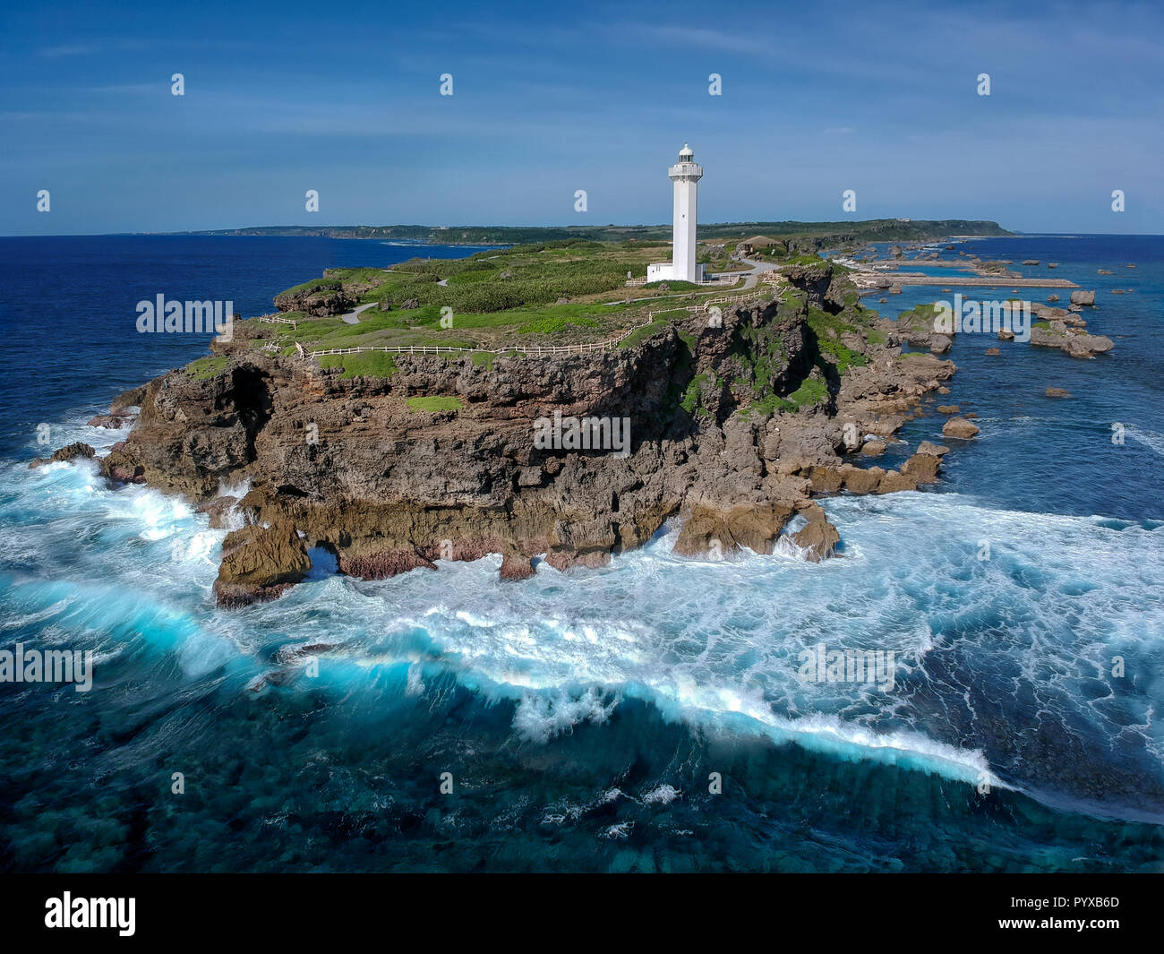 Lighthouse on East Henna Cape, Miyakojima Island, Japan Stock Photo
