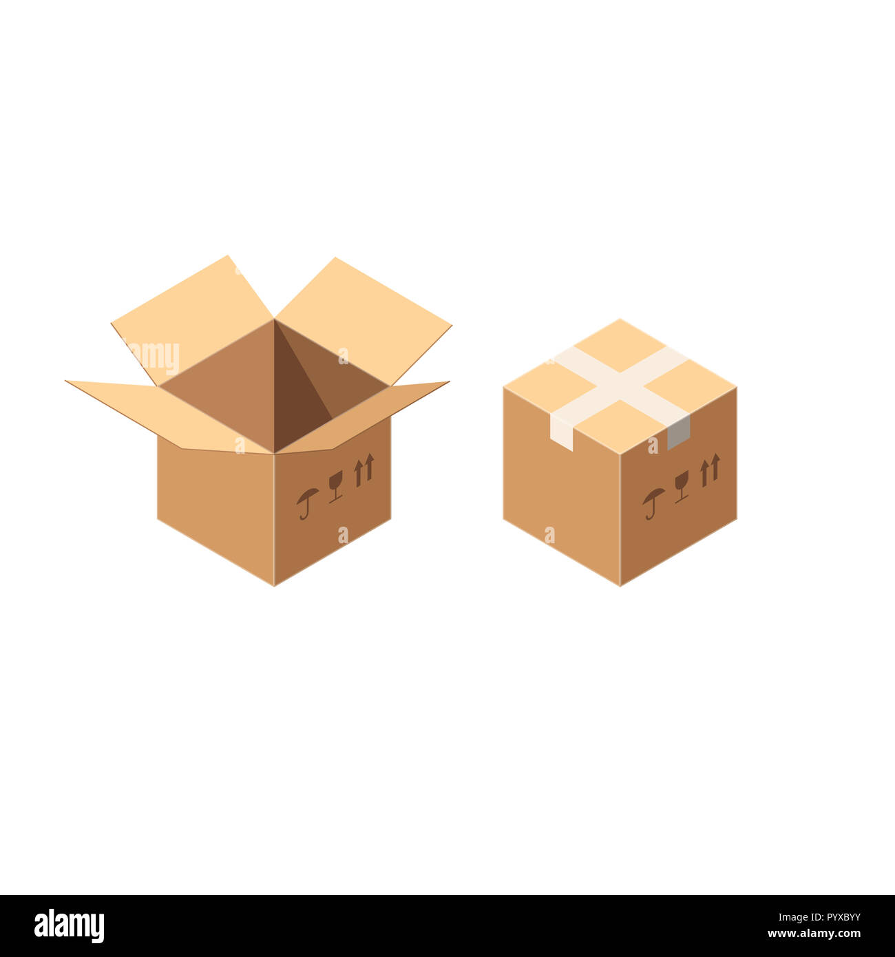 Isometric Packaging Carton or Cardboard Boxes Icon Set with Postal