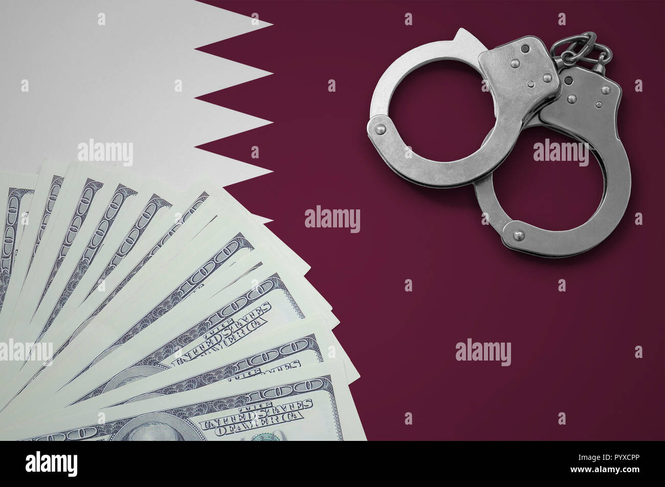 Qatar flag with handcuffs and a bundle of dollars. The concept of