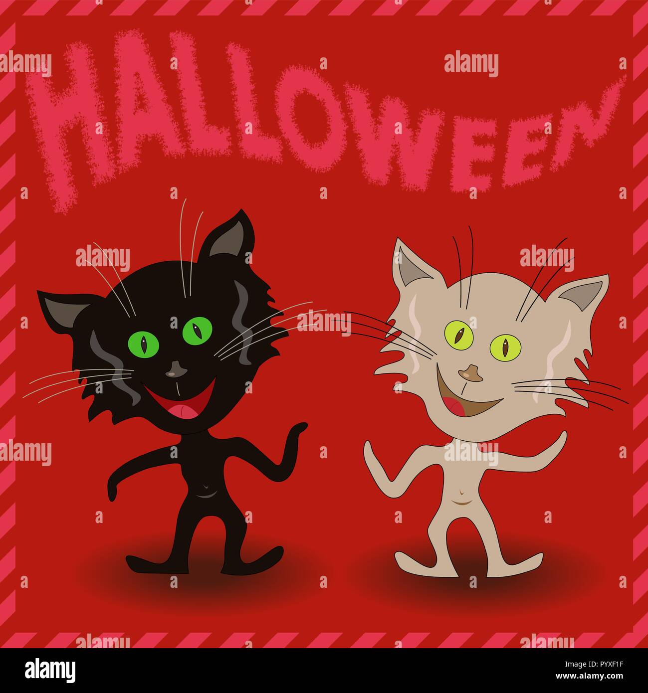 Inscription Halloween and two amusing cartoon cats on a red background, vector illustration Stock Vector