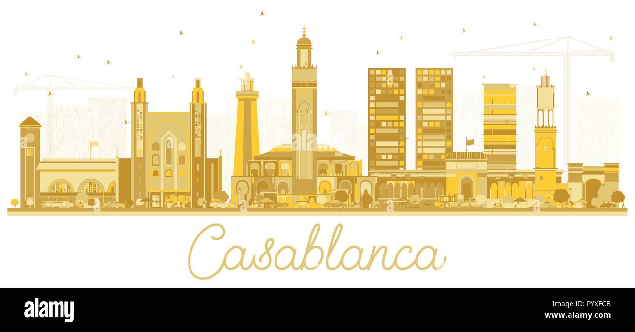 Casablanca Morocco City Skyline Silhouette with Golden Buildings. Vector Illustration. Business Travel and Tourism Concept with Historic Architecture. Stock Vector