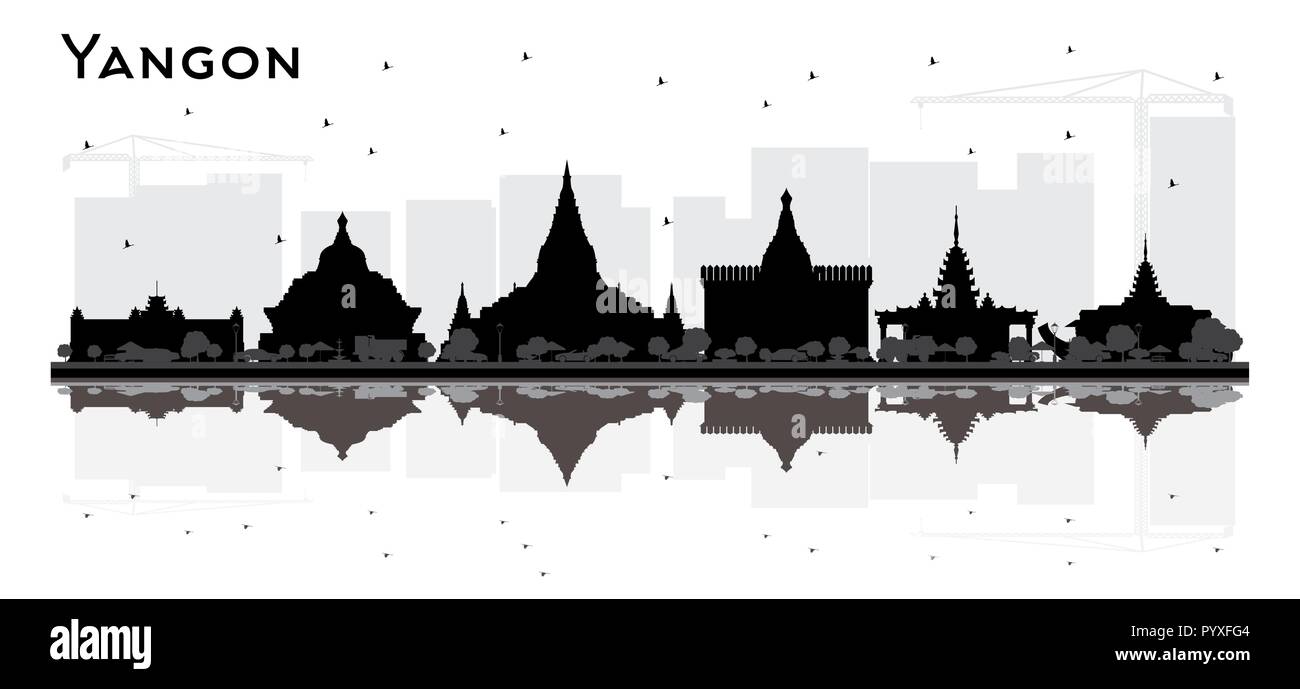 Yangon Myanmar City Skyline Silhouette with Black Buildings and Reflections. Vector Illustration. Stock Vector