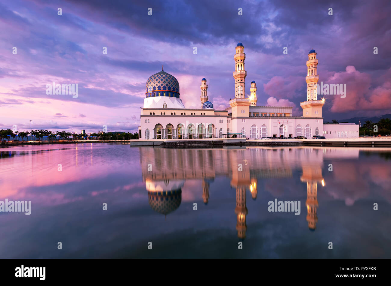 Kota Kinabalu Sabah Borneo Malaysia landmark attraction - floating mosque during sunset Stock Photo