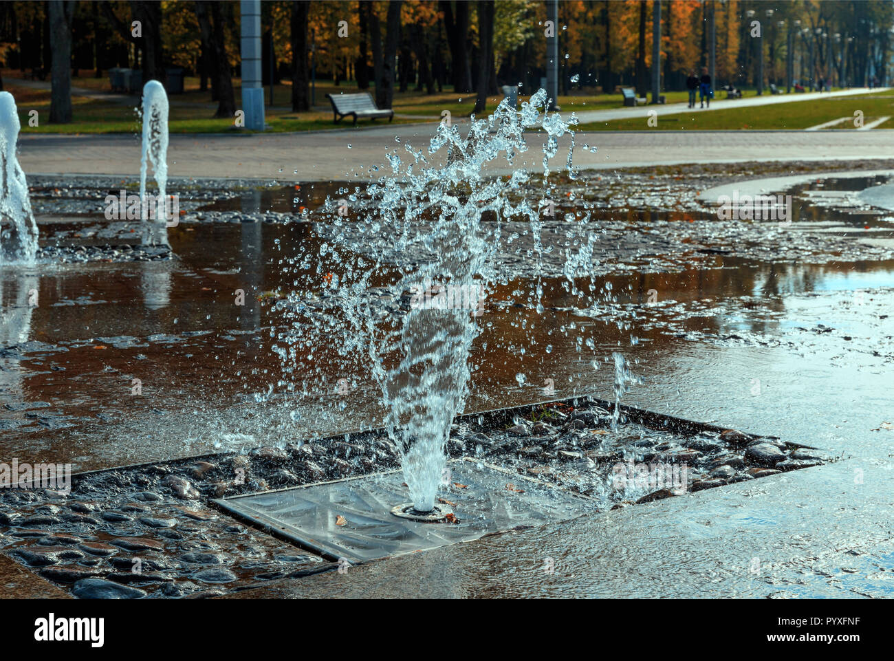 Fountains in autumn city park in Minsk, Belarus Stock Photo - Alamy