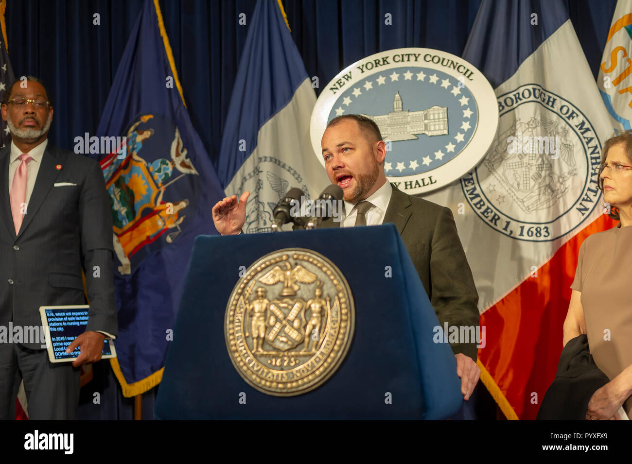 New York City Council Speaker Corey Johnson and members of the New York City Council hold a news conference  on Wednesday, October 17, 2018 in the Red Room of New York City Hall about pending legislation including the Parental Empowerment Package. (Â© Frances M. Roberts) Stock Photo