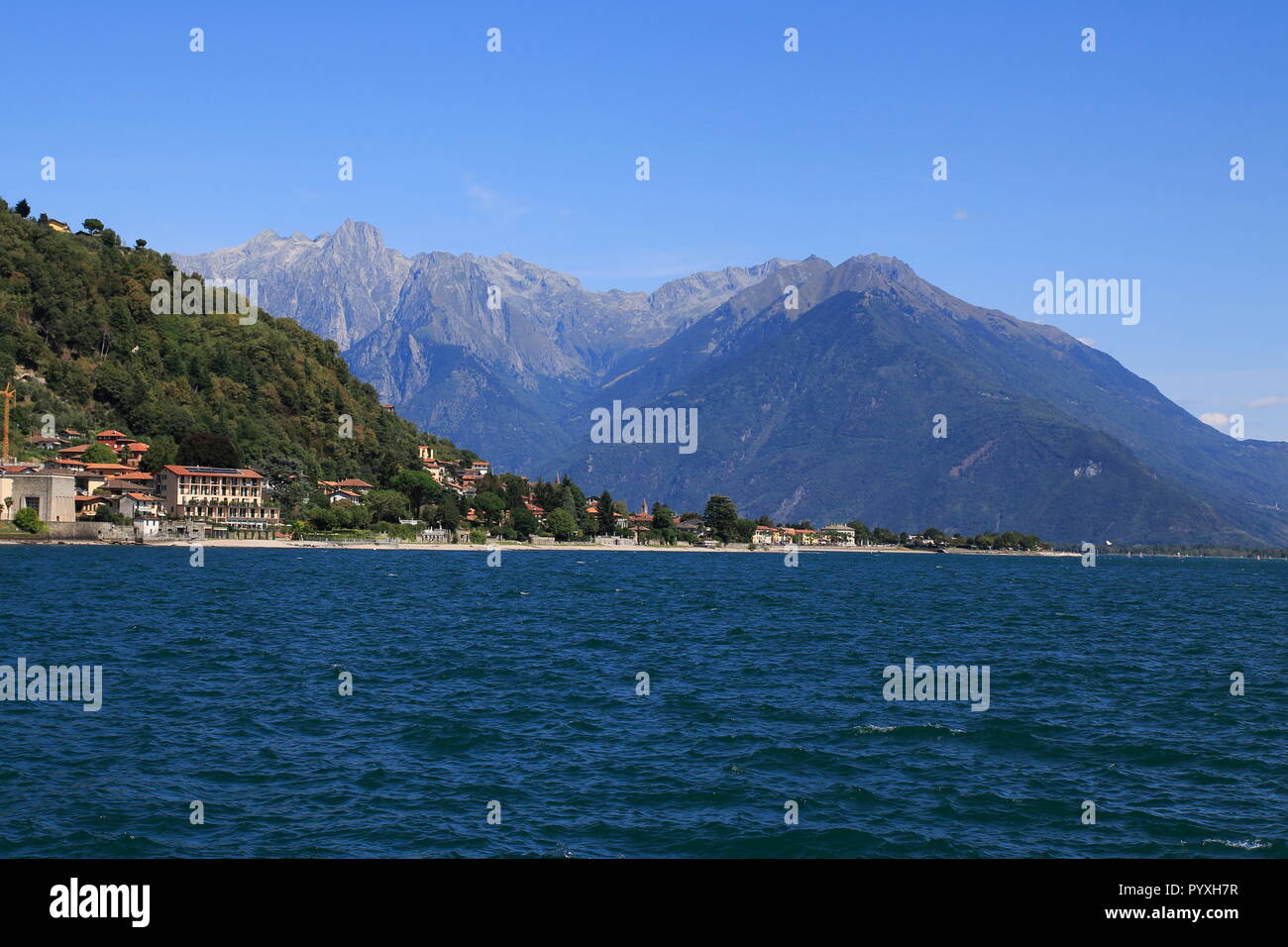 Shore and beach of Dongo, district of Gravedona, with view over the ...