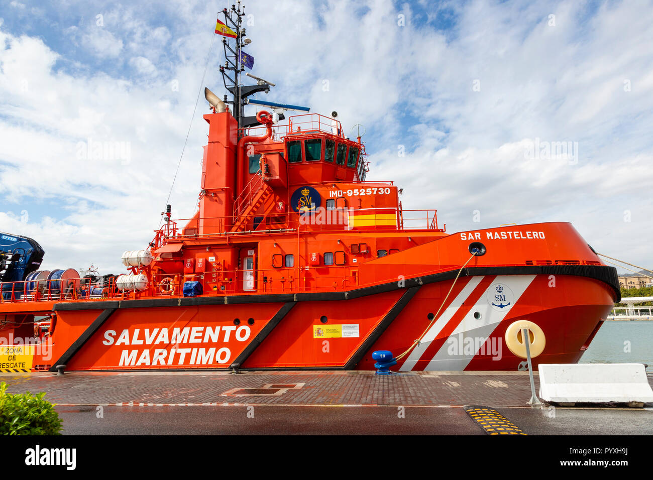 Spanish Rescue vessel SAR Mastelero, at Muelle Uno, Malaga Port, Spain Stock Photo