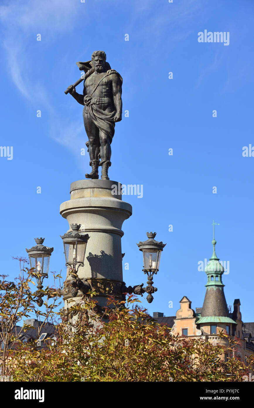 Thor with his hammer Mjolnir, sculpture militant Nordic god of Yurgordsbrun bridge (1897