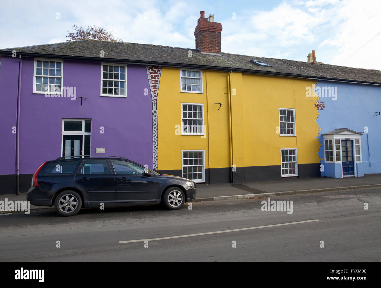 Purple , blue and yellow houses in Castle, UK Stock Photo Alamy
