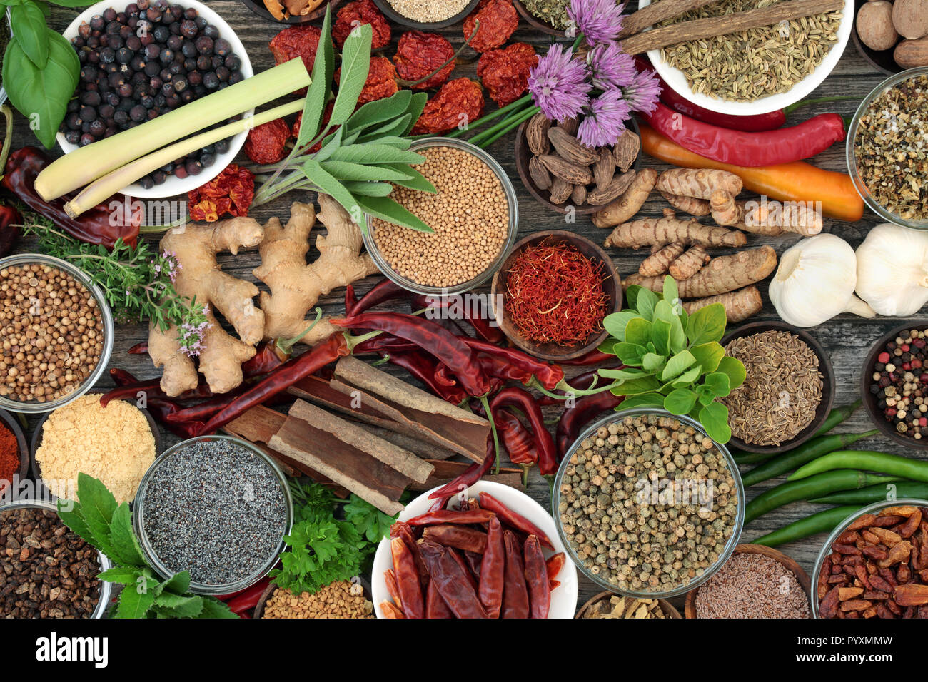 Herb and spice fresh and dried food seasoning on rustic wood background