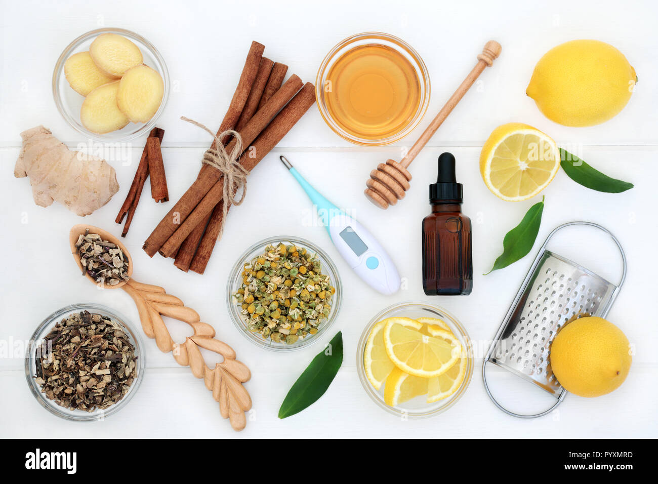 Natural flu and cold remedy ingredients with thermometer, echinacea