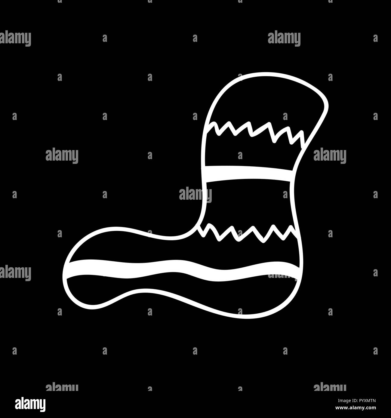 Christmas sock hanging retro logo icon. isolated white silhouette. Vector , cartoon chalk style Stock Vector