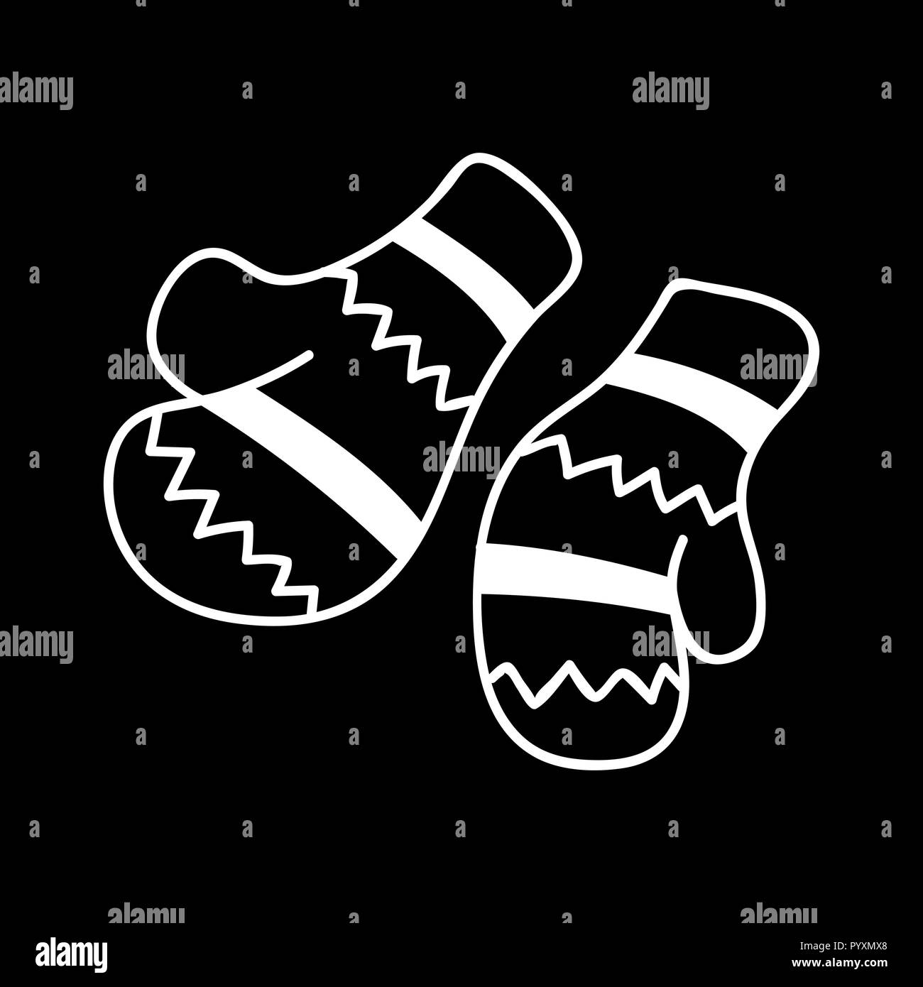 pair of knitted christmas mittens. Mittens simple icon. isolated white silhouette. illustration, cartoon chalk style Stock Vector