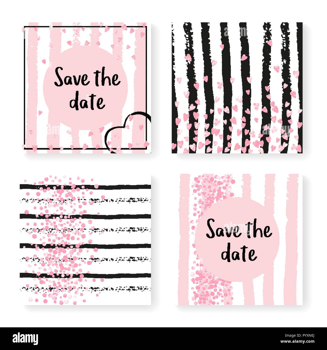 Wedding glitter confetti on stripes, invitation set Stock Vector