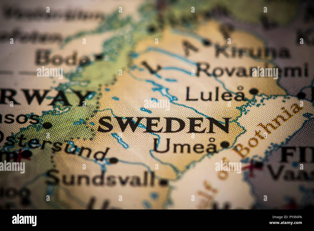 Closeup of the text "Sweden" on a world map Stock Photo - Alamy