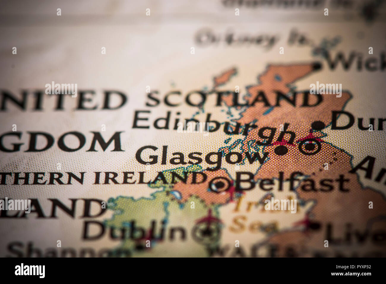 Closeup of Glasglow, Scotland, on a world map. Stock Photo