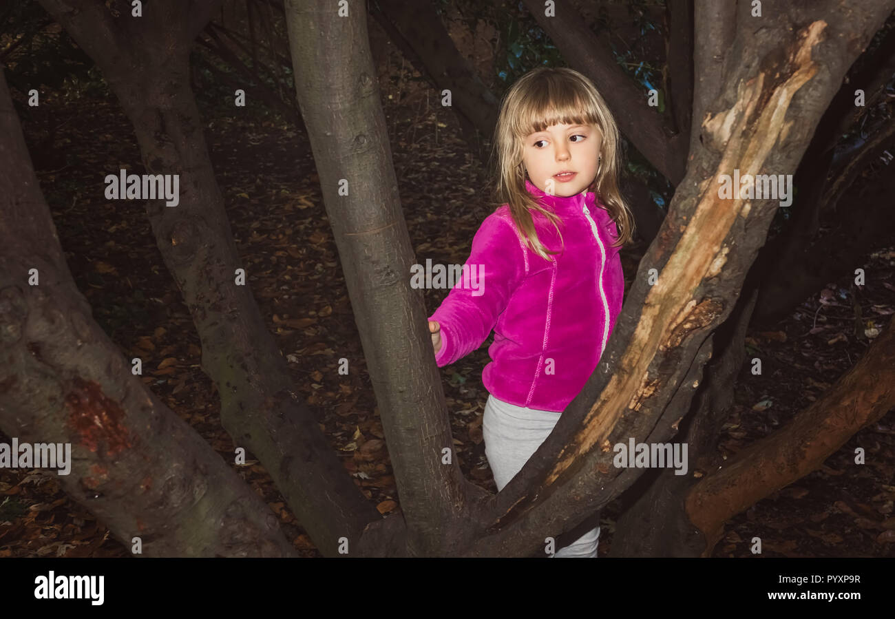 Cute Caucasian Girl Playing Hide And Seek In A Dark Forest In Summer Stock Photo Alamy