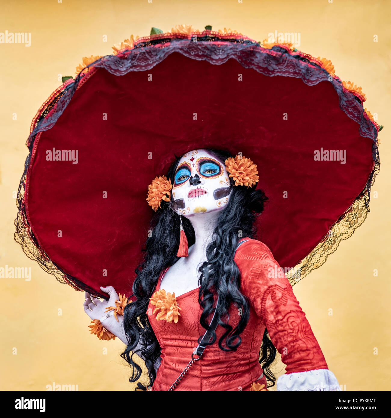 A live catrina on the streets during Day of the Dead celebrations in Capula, Michoacan, Mexico. Stock Photo