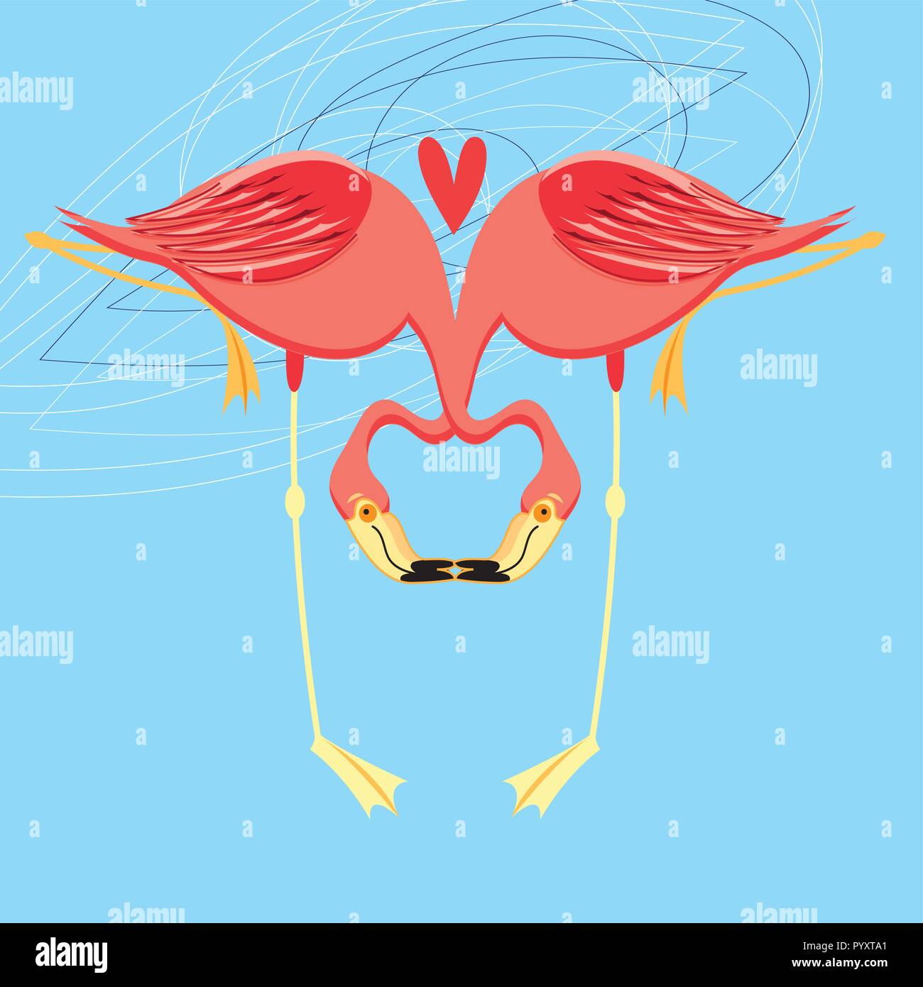 Beautiful bright greeting card with flamingos in love on a blue ...