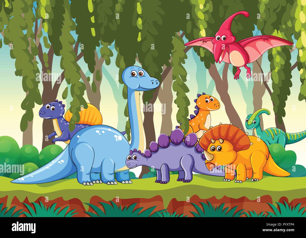 Different dinosaur in forest illustration Stock Vector Image &amp; Art - Alamy