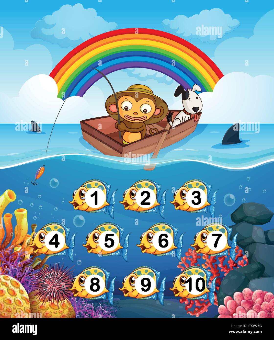 Monkey on the boat fishing illustration Stock Vector