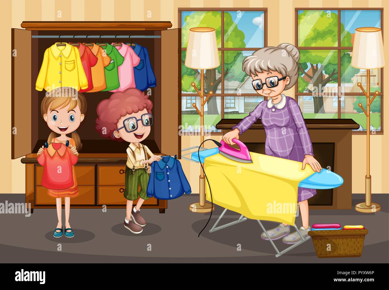 Grandmother ironing clothes for children illustration Stock Vector