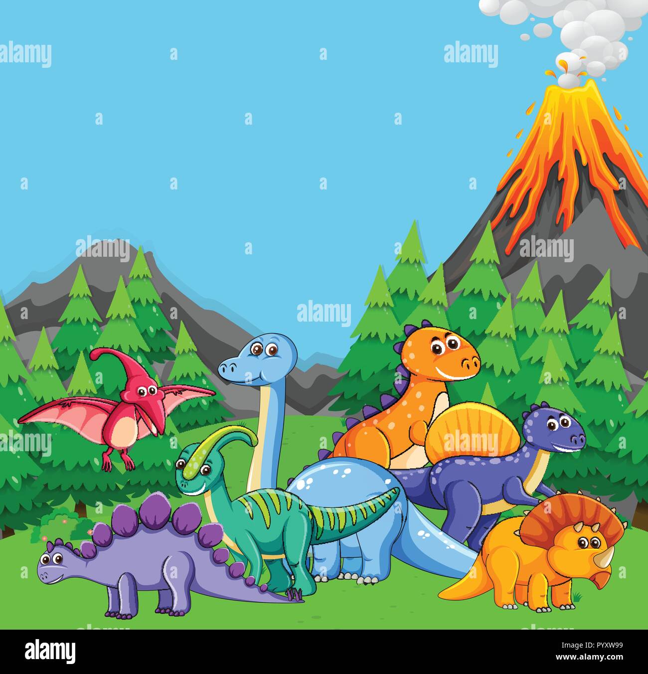 Flat dinosaur in nature illustration Stock Vector