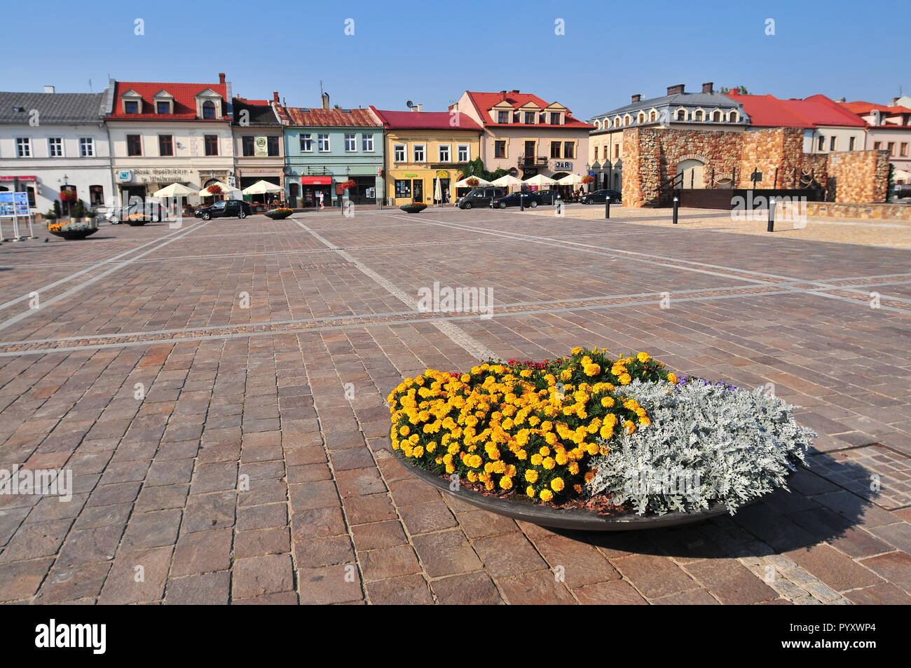 Olkusz, Poland, July 2018, flower pots at Main square, Market square in Olkusz Stock Photo