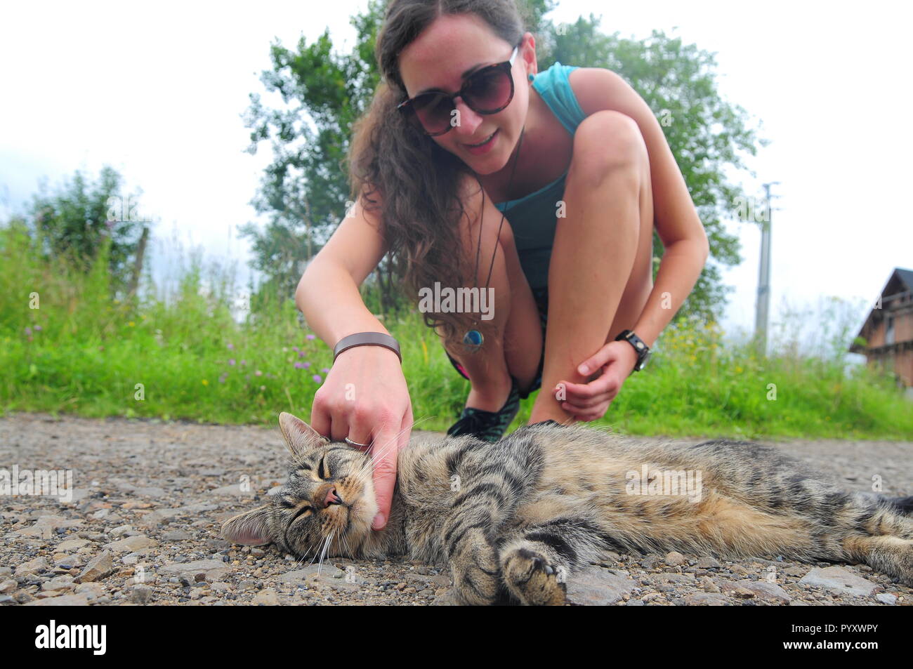 Young woman in sunglasses petting grey striped cat on road. Stock Photo